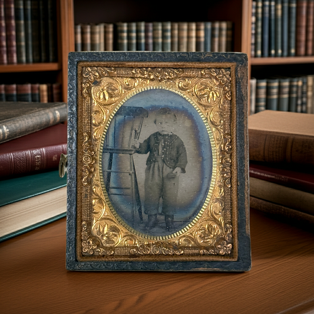 Authentic Victorian Civil War Era Cased Photo (Tintype/Ambrotype) - Oval Gilt Frame & Red Velvet Liner