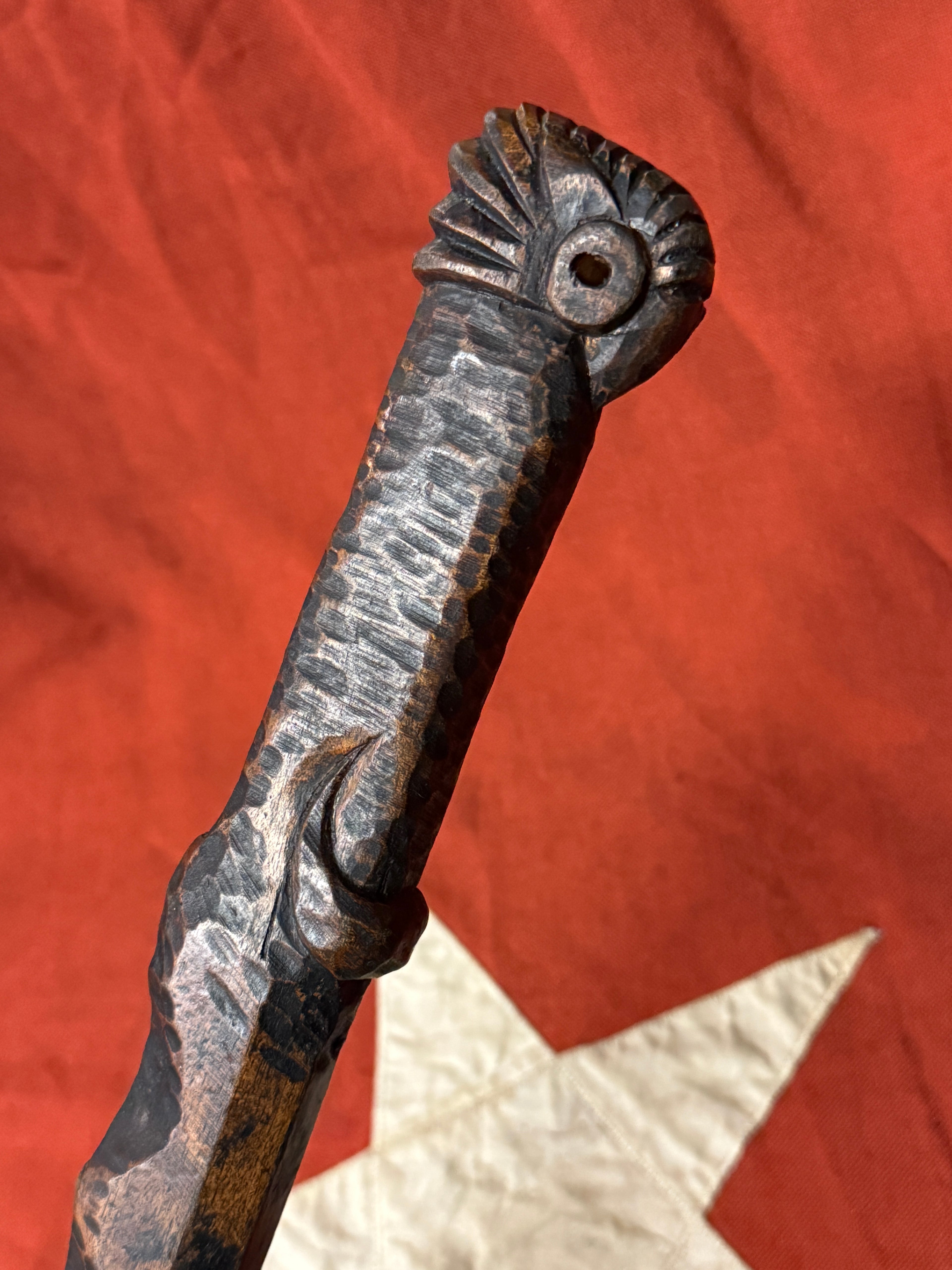 Antique Native American Ball-Headed War Club - Effigy Carved Handle & Brass Trade Tacks (Eastern Woodlands/Great Lakes)