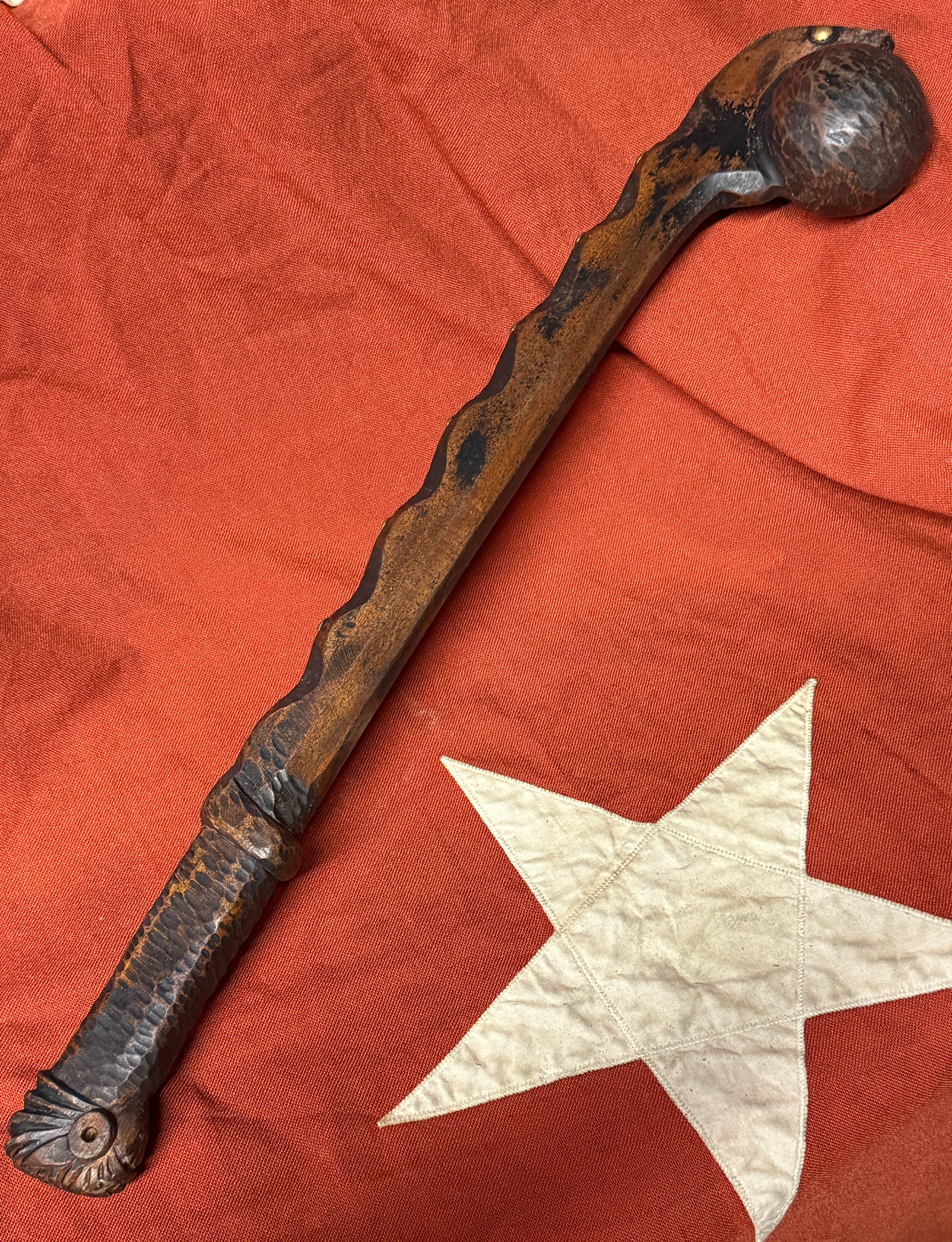 Antique Native American Ball-Headed War Club - Effigy Carved Handle & Brass Trade Tacks (Eastern Woodlands/Great Lakes)