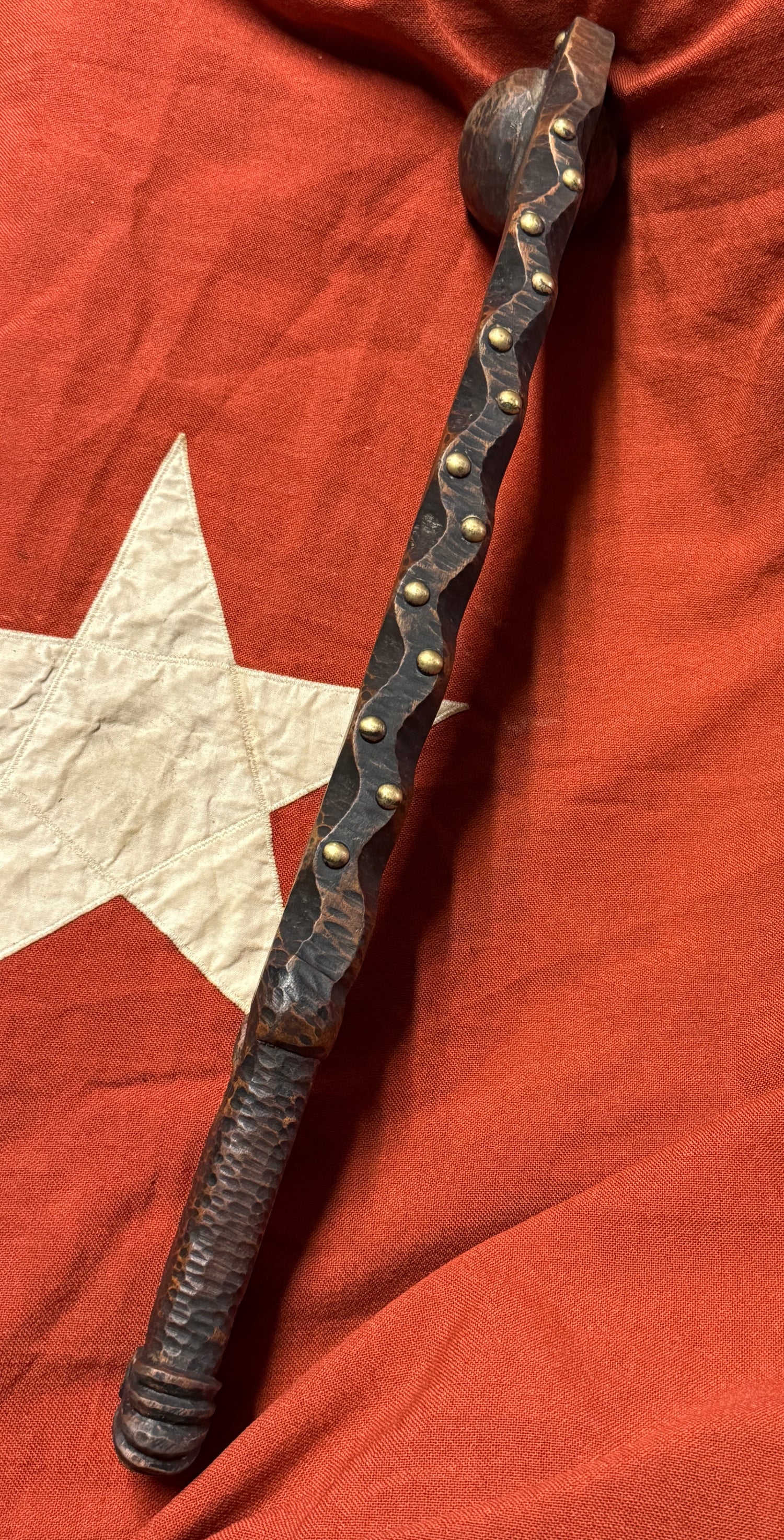 Antique Native American Ball-Headed War Club - Effigy Carved Handle &amp; Brass Trade Tacks (Eastern Woodlands/Great Lakes)