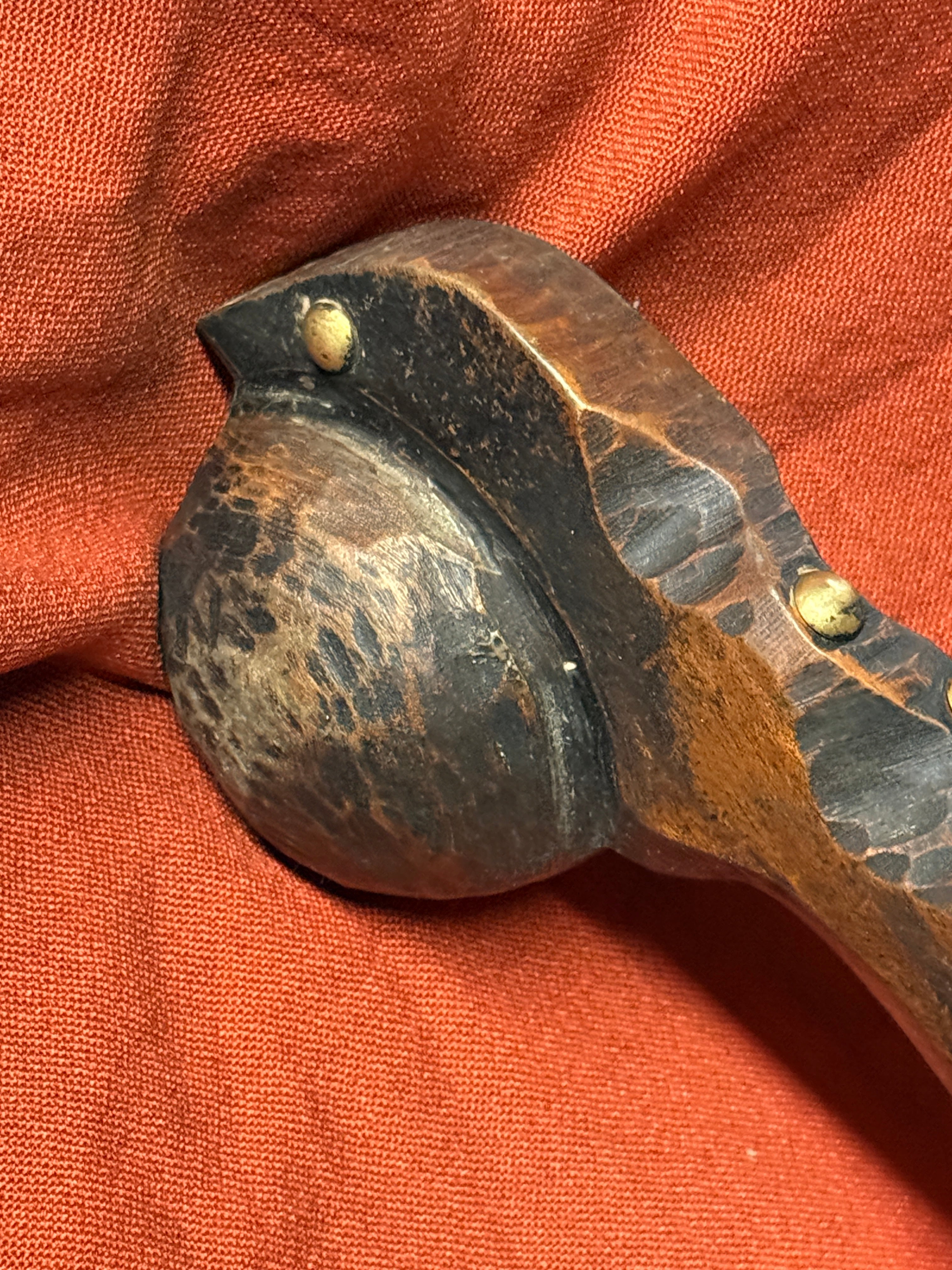 Antique Native American Ball-Headed War Club - Effigy Carved Handle &amp; Brass Trade Tacks (Eastern Woodlands/Great Lakes)