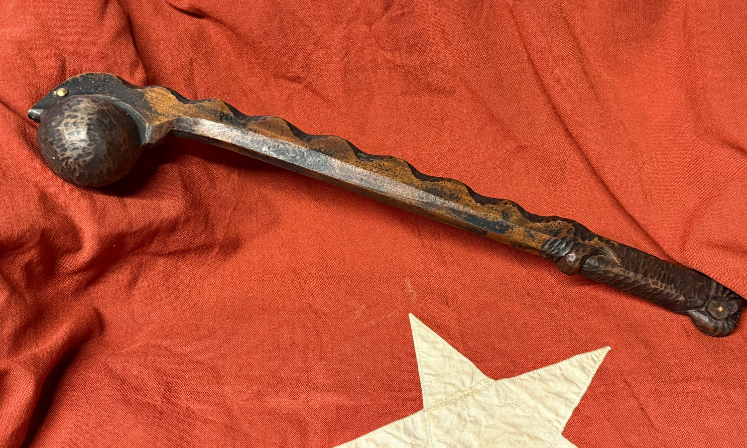 Antique Native American Ball-Headed War Club - Effigy Carved Handle &amp; Brass Trade Tacks (Eastern Woodlands/Great Lakes)