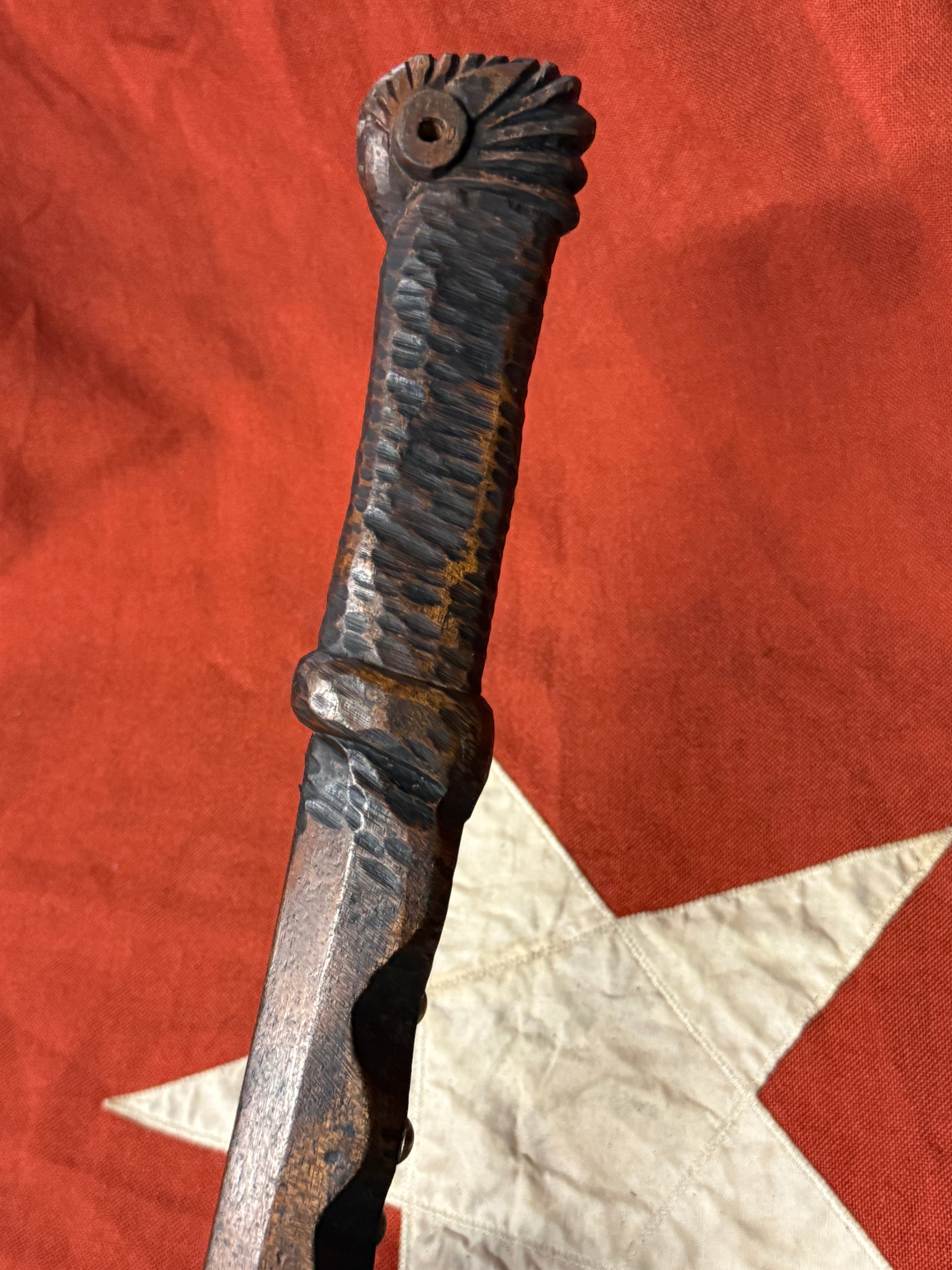 Antique Native American Ball-Headed War Club - Effigy Carved Handle &amp; Brass Trade Tacks (Eastern Woodlands/Great Lakes)