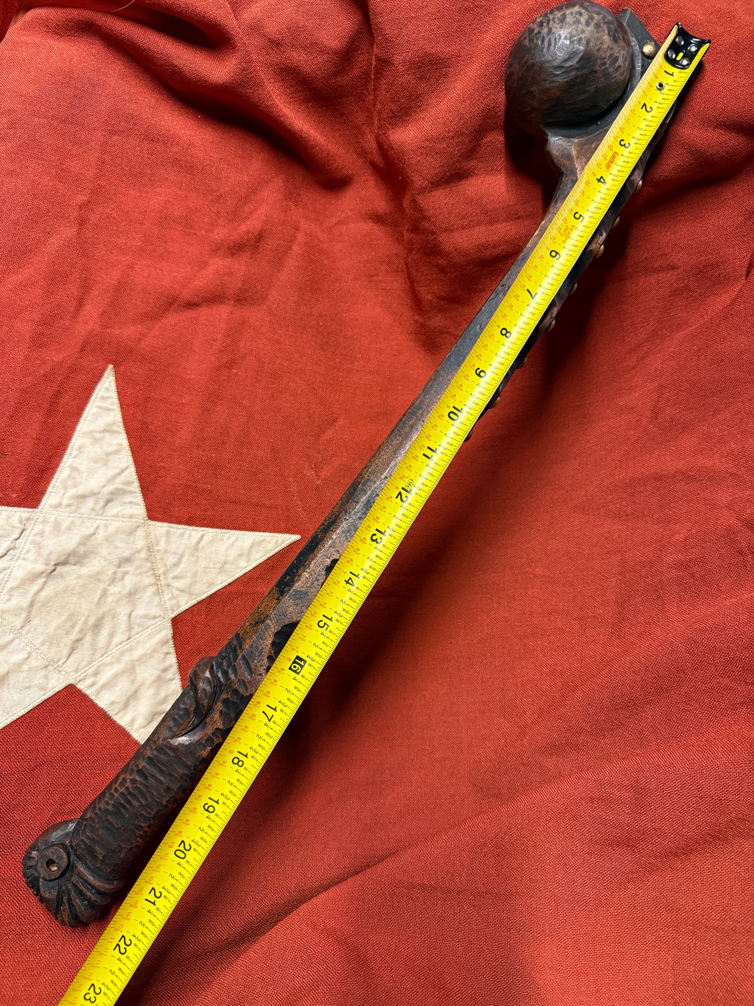 Antique Native American Ball-Headed War Club - Effigy Carved Handle &amp; Brass Trade Tacks (Eastern Woodlands/Great Lakes)