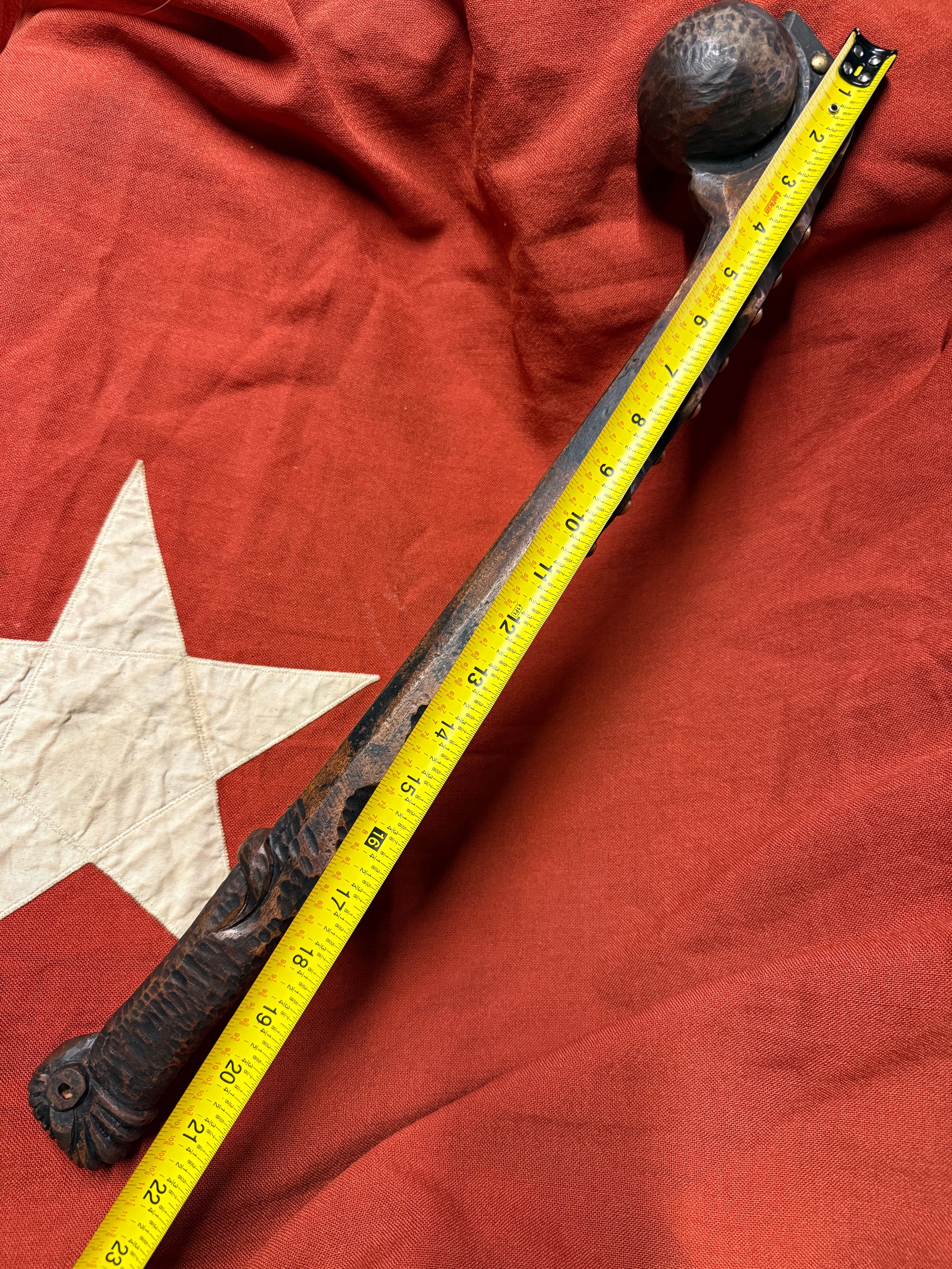 Antique Native American Ball-Headed War Club - Effigy Carved Handle &amp; Brass Trade Tacks (Eastern Woodlands/Great Lakes)